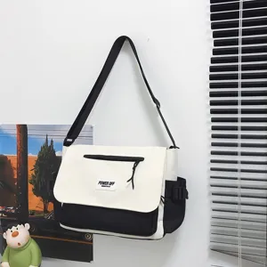 Casual black and white nylon messenger bag, large capacity shoulder bag for daily school use.