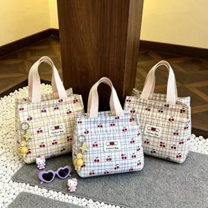 Stile Ins Quadri con Ciliegie Borsa Cosmetica Grande Capacità Custodia Porta Trucchi Portatile Viaggio Borsa da Toletta per Donna