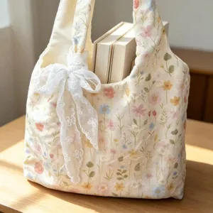 Casual canvas shoulder bag with colorful floral embroidery and elegant white lace bow detail.