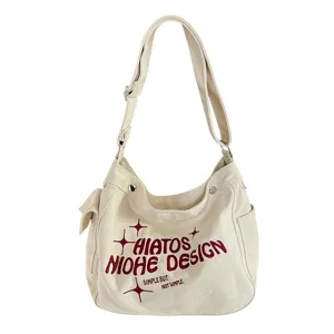 Casual beige canvas crossbody shoulder bag for women, large capacity student tote bag.