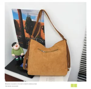 Sac Bandoulière Vintage en Velours Cotes Grand Sac Cabas Dos et Travers pour Étudiants