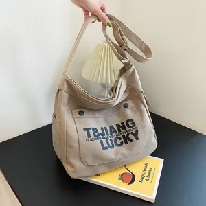 Women Large Capacity Canvas Tote Bag Casual Student School Bag Stylish Letter Print Shoulder Crossbody Bag