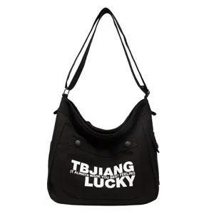 Black canvas shoulder bag casual large capacity crossbody tote bag for women students