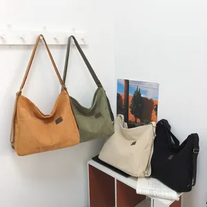 Sac Cabas en Velours Côtelé Japonais Grande Capacité Décontracté Épaule Bandoulière Étudiant Sac d'École Couleur Unie