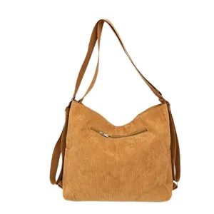 Sac à dos en velours côtelé vintage étudiant sac bandoulière grande capacité fourre-tout marron