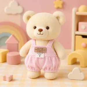 Simpatico orsetto di peluche con salopette rosa, morbido accessorio per vestiti da bambola.