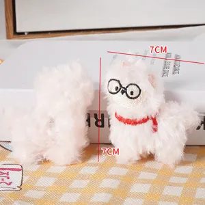Cute fluffy alpaca plush toy with glasses and scarf, mini stuffed doll for bag charm.
