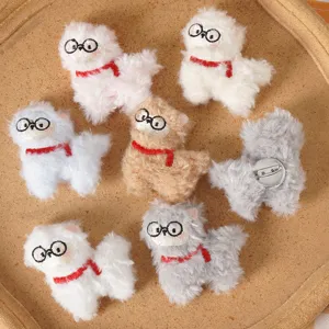 Cute fluffy alpaca plush brooch charm with glasses and red scarf for bags and clothes detail.