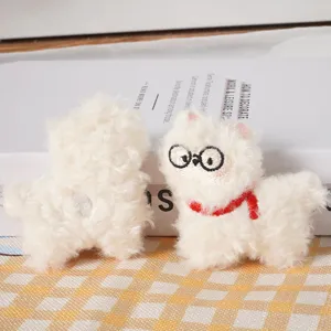 Cute plush alpaca doll brooch with glasses and red scarf, soft stuffed animal bag pendant accessory.