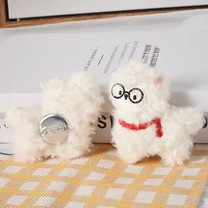 Cute fluffy alpaca brooch plush toy with glasses and red scarf, adorable bag charm accessory.