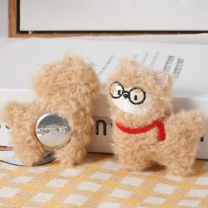 Cute fluffy alpaca plush brooch with glasses and red scarf, soft stuffed cartoon bag accessory.
