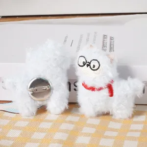 Cute fluffy alpaca plush brooch with glasses and red scarf, cute stuffed animal accessory.