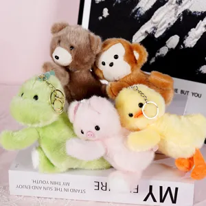 Cute assorted animal plush keychain set, soft stuffed dinosaur, duck, pig and bear toys.