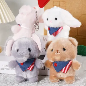 Cute animal plush keychains set featuring elephant bear and rabbit with bib pendants.