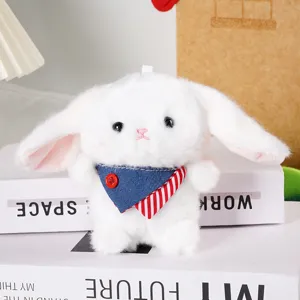 Cute white plush bunny rabbit plushie toy doll pendant with blue denim scarf decoration.