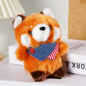 Red panda plush toy detail view, cute stuffed animal with denim scarf, soft toy doll decor.