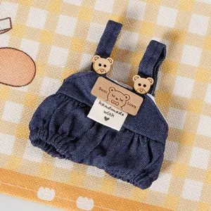 Salopette di jeans in miniatura per bambole da 10cm, bottoni a orsetto, vestiti peluche.