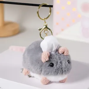 Portachiavi in peluche di topo grigio carino con cappello da cuoco, ciondolo borsa morbido per bambini.