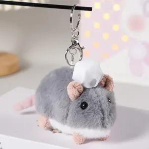 Simpatico portachiavi topo in peluche grigio con cappello da cuoco, ciondolo borsa morbido.