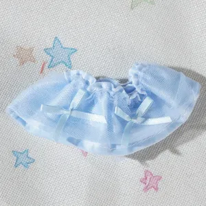 Mini abito per bambola gonna in tulle blu con fiocchi vista dettagliata accessori