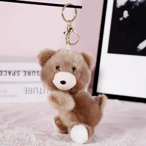 Cute brown plush bear keychain fluffy animal bag charm soft toy for girls daily accessory