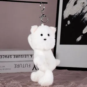 White fluffy puppy plush keychain, soft bag charm and cute animal accessory for daily use.