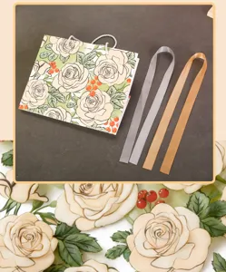 Gedetailleerd overzicht van de champagne roos geschenkzak printtextur en bijpassende linten.