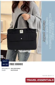 Schwarze gesteppte Laptoptasche Detailansicht mit Fronttasche und stabilem Griff.