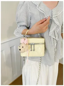 Chic quilted chain shoulder bag for women stylish vanity crossbody purse with cute plush charm