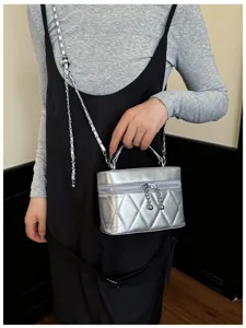 Silver quilted chain crossbody bag for women, stylish top handle small square shoulder bag.