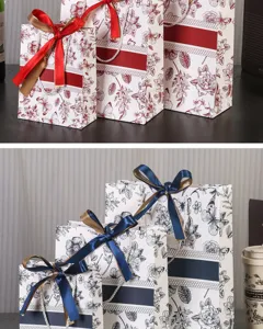 Sacs cadeaux en carton blanc à laminage floral rétro avec rubans pour fêtes et vêtements.