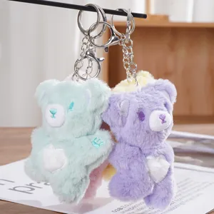 Cute plush bear keychain, soft stuffed cartoon doll bag accessory, heart charm pendant.