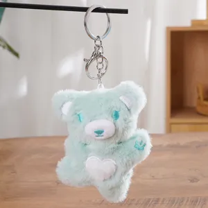 Cute plush heart bear keychain fluffy cartoon doll bag charm aesthetic creative little gift accessory