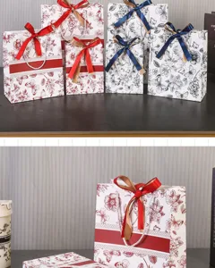 Sac cadeau en carton blanc laminé à fleurs vintage avec nœud ruban de fête