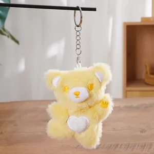 Cute yellow plush heart bear keychain pendant soft toy bag accessory for daily decoration.