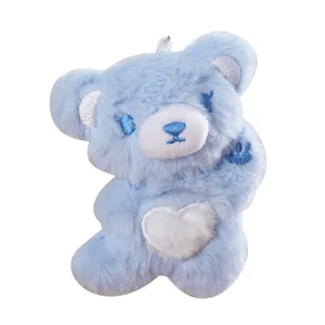 Cute blue plush bear keychain with white heart soft cartoon doll bag hanging accessory