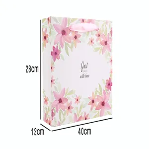 Roze aquarel bloemen geschenkzak met lint handvatten, 40x12x28cm decoratieve verpakking.