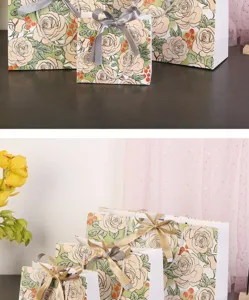 Detailweergave van stijlvolle champagne rosen cadeautassen met elegante linten voor kleding en snoep.