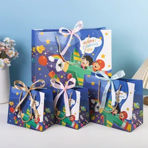 Cartoon Gift Bags Paper Goodie Bags With Ribbon Bow Handles For Kids Birthday Party Favors Snack Packaging