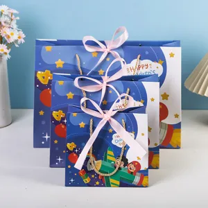 Childrens gift bags set blue cartoon airplane paper bags with pink ribbon bows for party