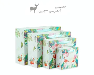 Flamingo paper gift bags tropical style shopping bags set with ribbon handles for gifts.