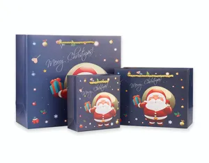 Christmas gift bags set dark blue paper bags with handles for holiday party packaging 3pcs