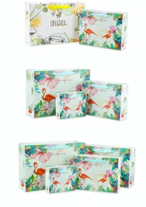 Premium gift paper bags with flamingo and fruit tea designs, perfect for shopping and party favors.