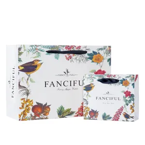 Creative botanical bird fruit print paper gift shopping bag with black ribbon handle for clothing.