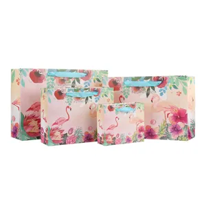 Flamingo Print Papier Cadeau Zak Aquarel Bloemen Cadeau Verpakking Zak Met Lint Handvat Voor Feest Bruiloft Winkelen