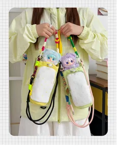 Colorful dopamine crossbody phone bag and water bottle bucket bag with cute plush pendant.