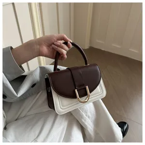Chic borsa a mano bicolore in pelle PU con fibbia a U dorata, elegante borsa a tracolla da donna.