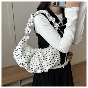 Borsa a spalla chic stile coreano con stampa floreale, borsa a sacco plissettata casual.