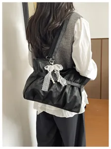 Borsa a tracolla plissettata nera da donna, elegante borsa capiente con fiocco di pizzo.