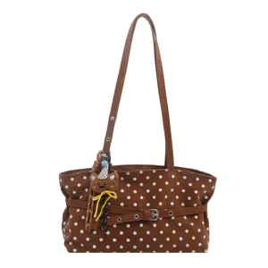 Borsa a tracolla marrone a pois, grazioso ciondolo orsetto grande borsa tote donna lavoro quotidiano.